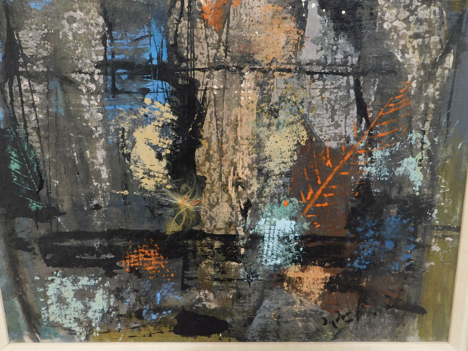 Mid-Century Modern Figures, Leaves & Applied Milkweed Seeds Mixed Media Painting - 7