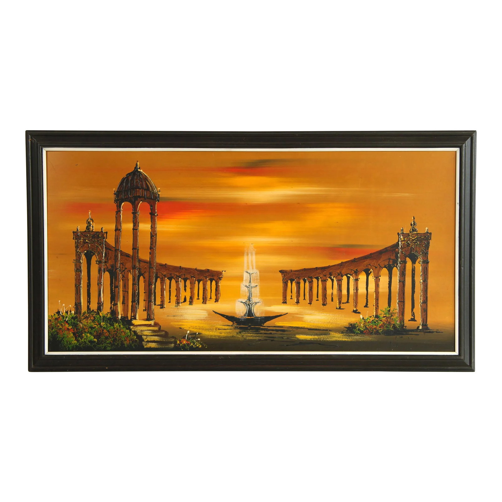 Vintage Mid Century Surrealist Parthenon & Fountain Acrylic Painting: Here is an awesome large-scale acrylic on board painting of a Parthenon-style ruins, with a large central fountain and an amazing orange sunset! It is very much in the style of works done by Lee