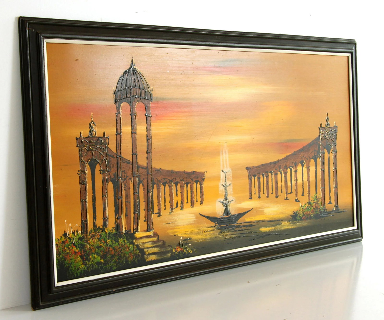 Vintage Mid Century Surrealist Parthenon & Fountain Acrylic Painting - 2