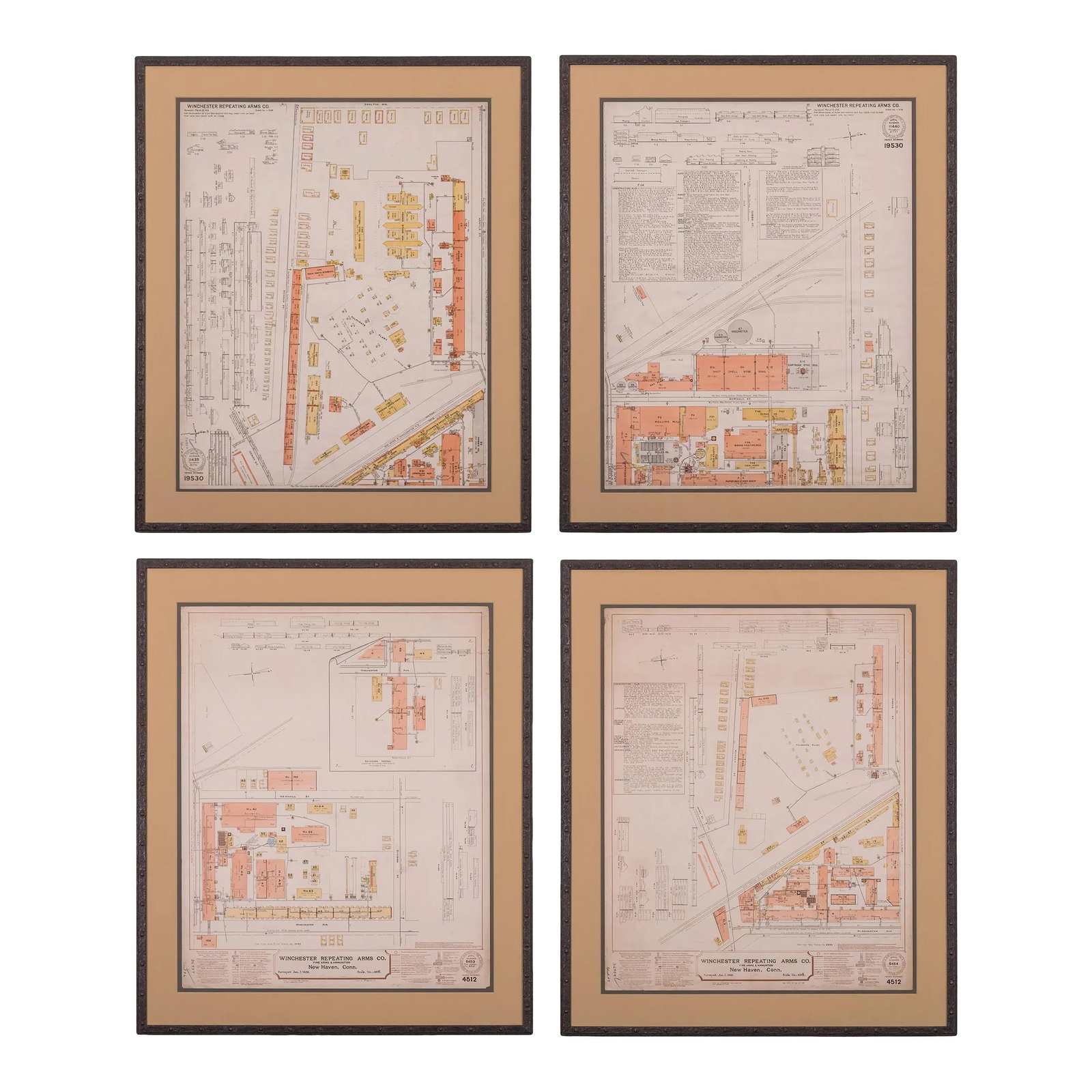 Winchester Repeating Arms Company Factory Survey, C.1899 - Set of 4: A set of 4 original surveyor's site plans for the Winchester Repeating Arms Company of New Haven, Connecticut from 1899. Framed archivally in faux wrought iron wood frames under museum glass. sight: 2