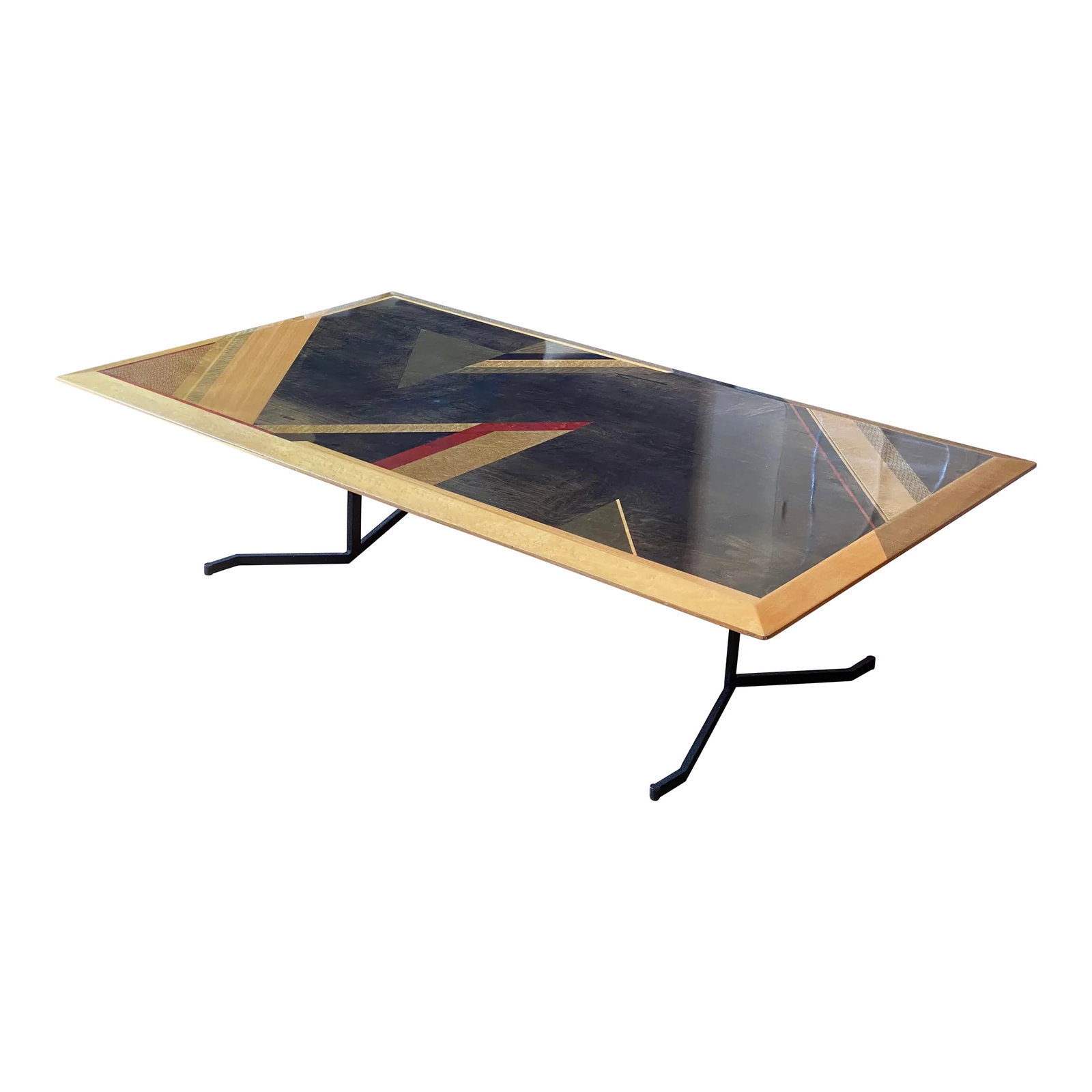 Rare Giovanni Offredi for Saporiti Italian Coffee Table - Geometric Dyed Wood Veneer Top & Sculptura: A stunning and rare Italian modern coffee table designed by the iconic Giovanni Offredi for Saporiti Italia. This exceptional piece features a professionally restored high-gloss top composed of mixed