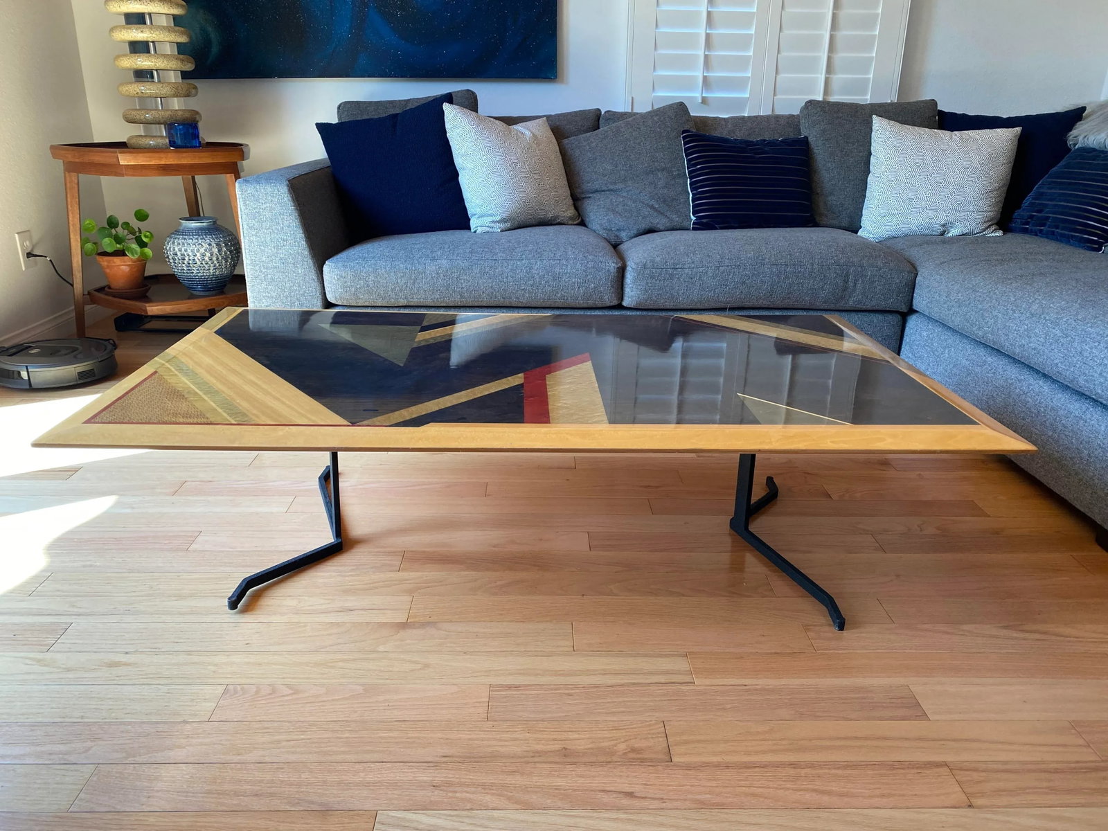 Rare Giovanni Offredi for Saporiti Italian Coffee Table - Geometric Dyed Wood Veneer Top & Sculptura - 3