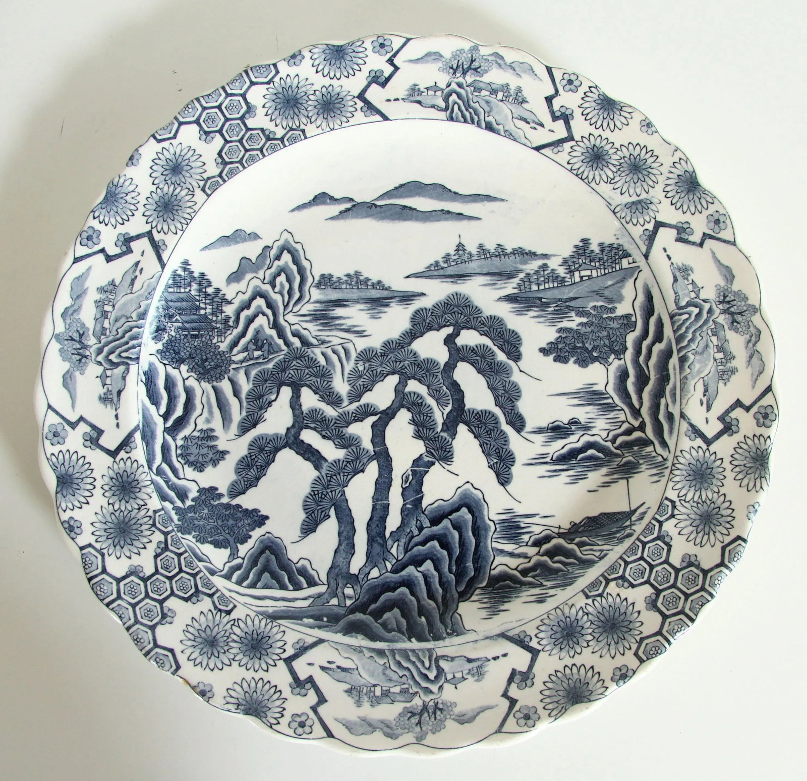 Antique 19th Century Japanese Meiji Blue & White Pottery 16" Serving Platter - 12