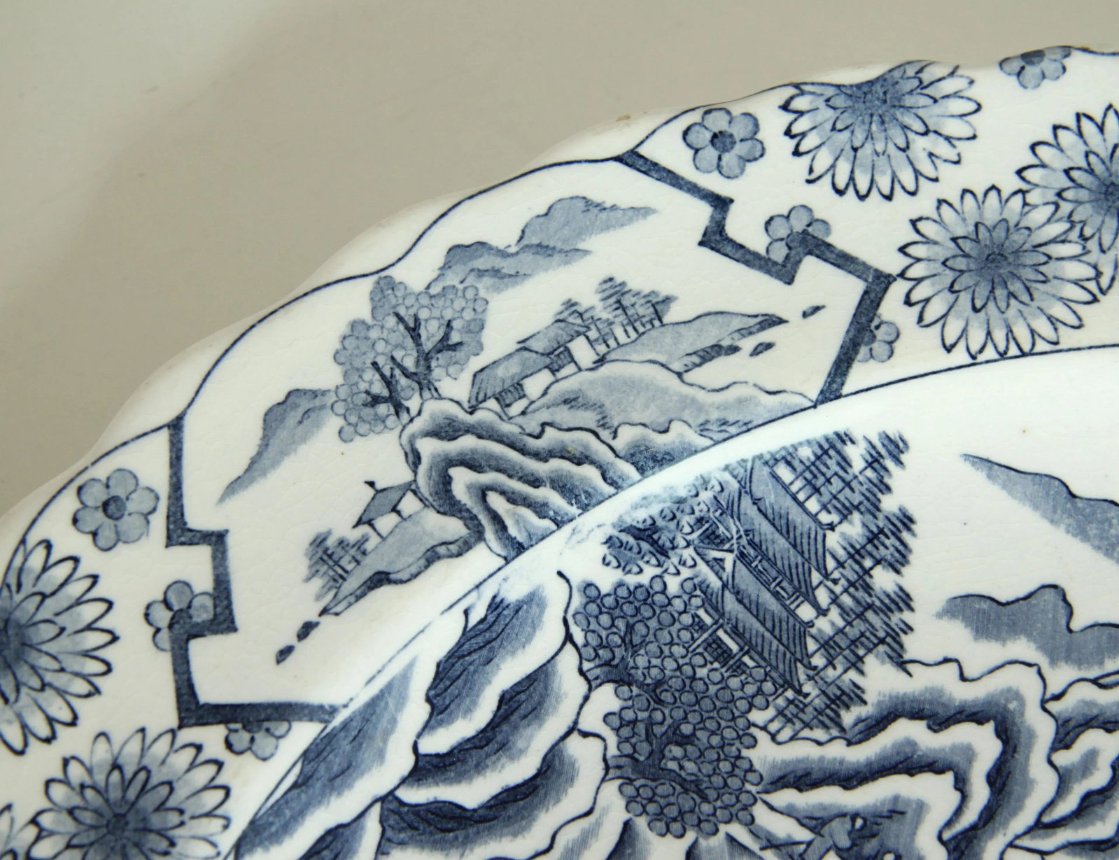 Antique 19th Century Japanese Meiji Blue & White Pottery 16" Serving Platter - 2
