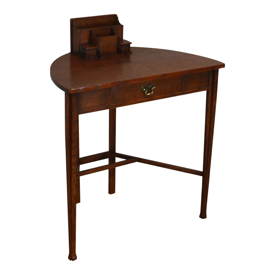 Antique Mission Oak Arts and Crafts Half Round Desk: Antique Half-Round Demilune Oak Writing Desk With Tabletop Organizer Condition: Alterations: Original Condition Unaltered Imperfections: Some Imperfections Condition Notes: Clean vintage condition.