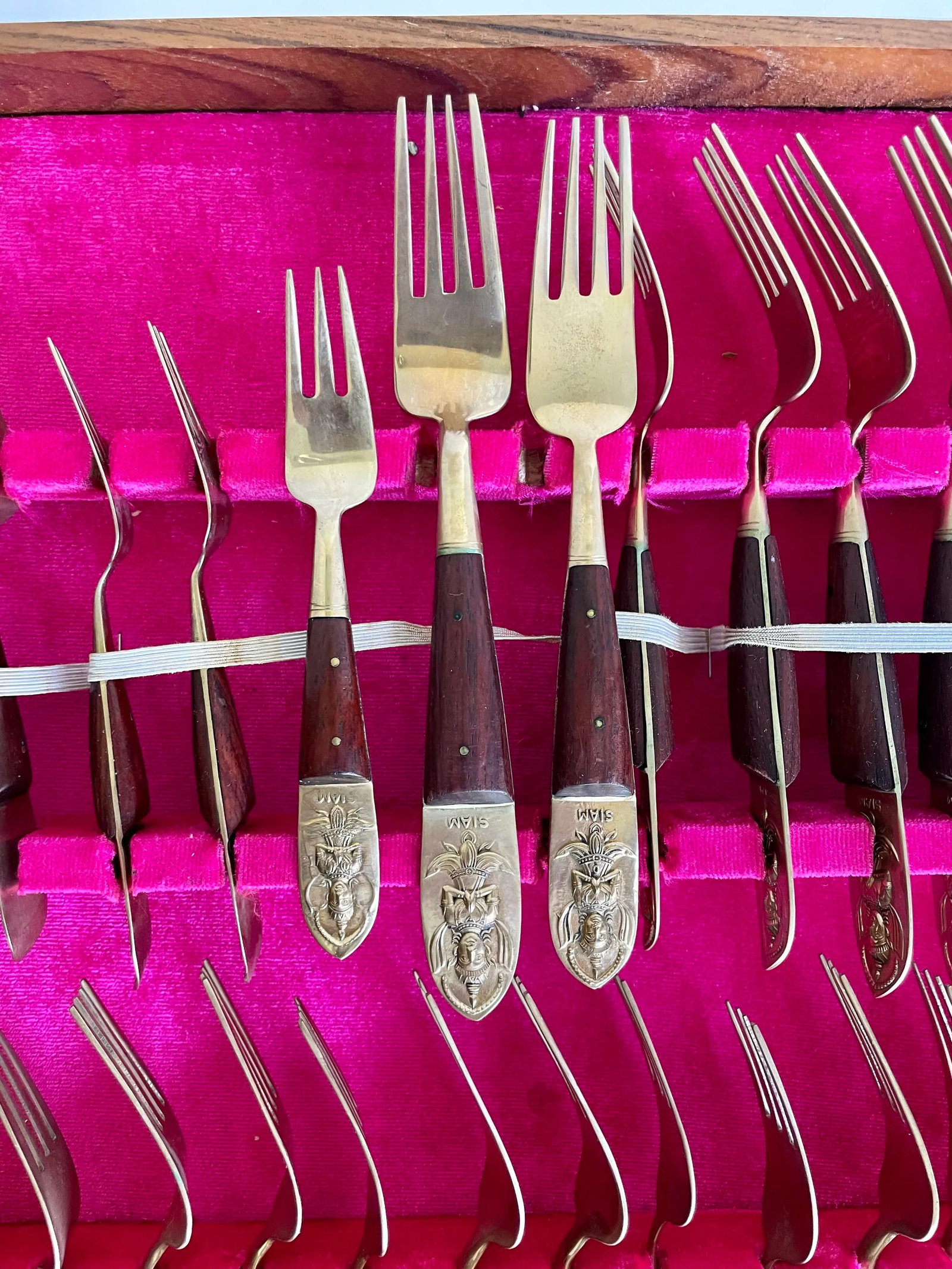 Vintage Siam Thai Brass and Rosewood Complete Flatware Set for 12 - 11