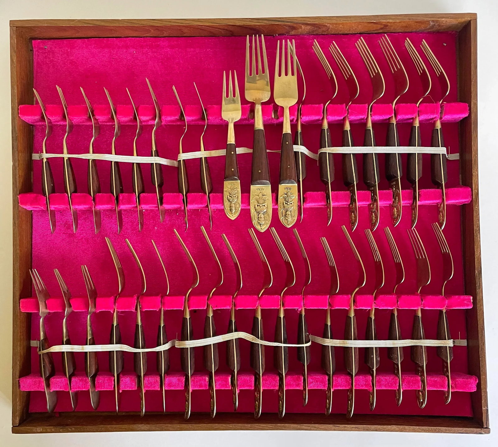 Vintage Siam Thai Brass and Rosewood Complete Flatware Set for 12 - 12