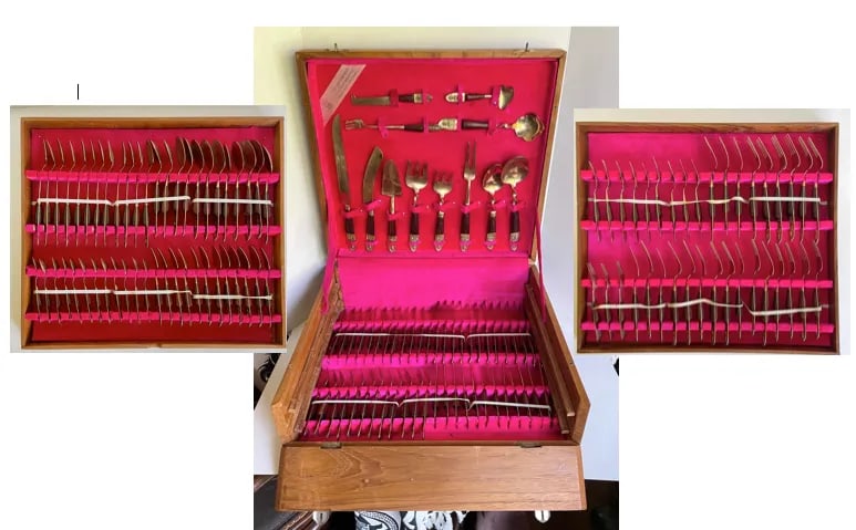 Vintage Siam Thai Brass and Rosewood Complete Flatware Set for 12 - 13