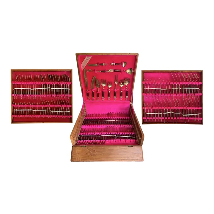 Vintage Siam Thai Brass and Rosewood Complete Flatware Set for 12: Here is an amazing set of 144 total flatware and serving pieces, which all fit perfectly into a wooden carrying case! I just adore the Siam brass and rosewood designed pieces. Each individual piece