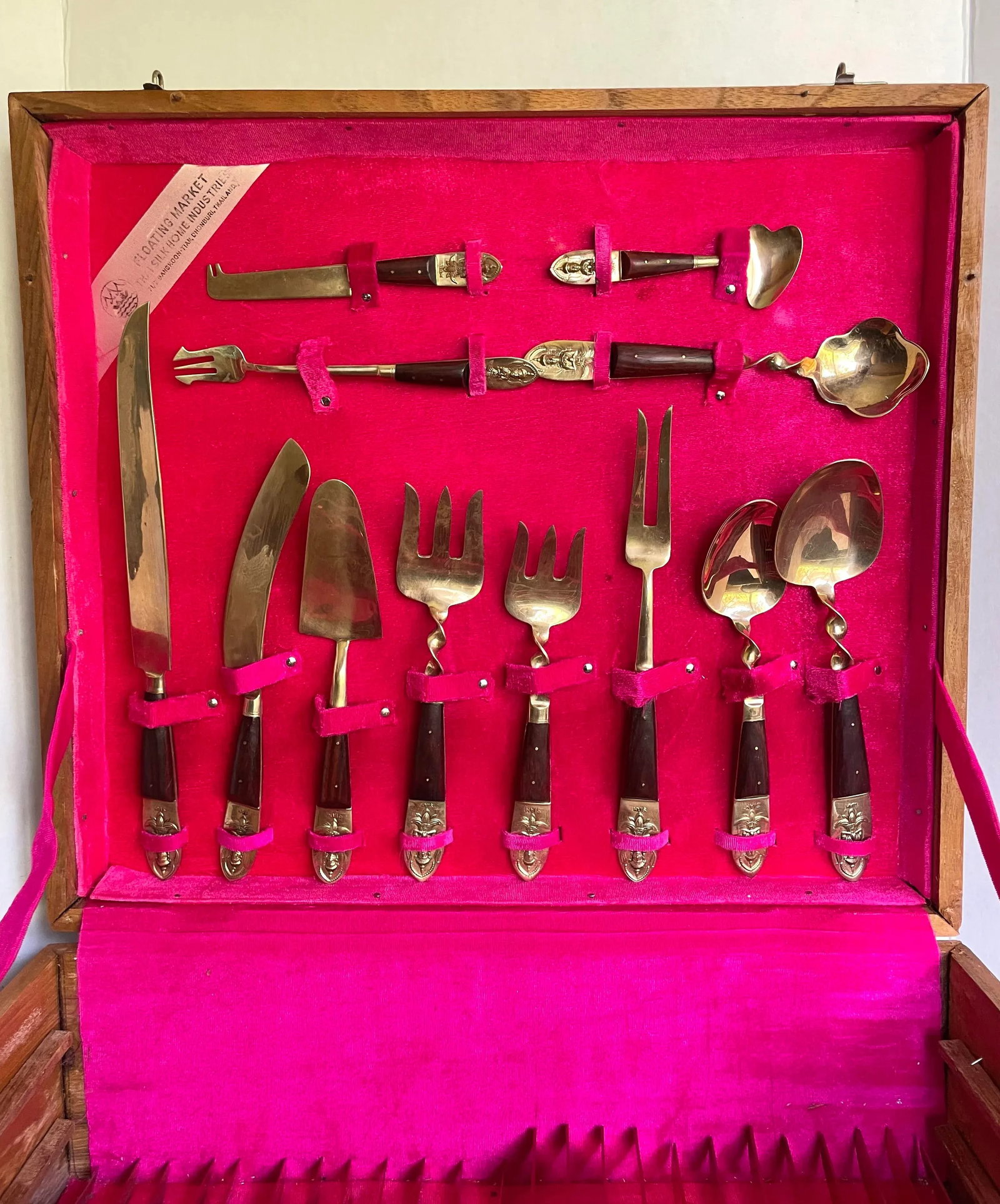 Vintage Siam Thai Brass and Rosewood Complete Flatware Set for 12 - 2