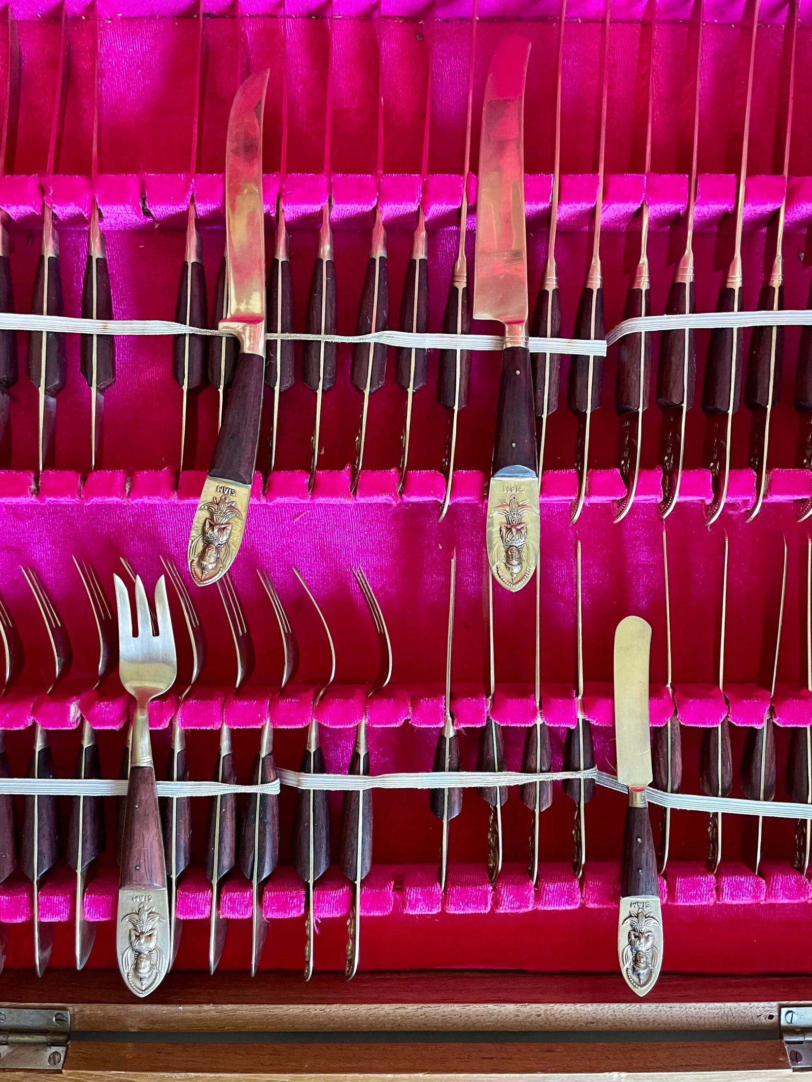 Vintage Siam Thai Brass and Rosewood Complete Flatware Set for 12 - 4