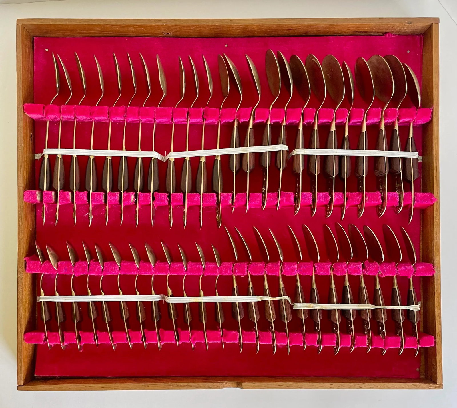 Vintage Siam Thai Brass and Rosewood Complete Flatware Set for 12 - 6