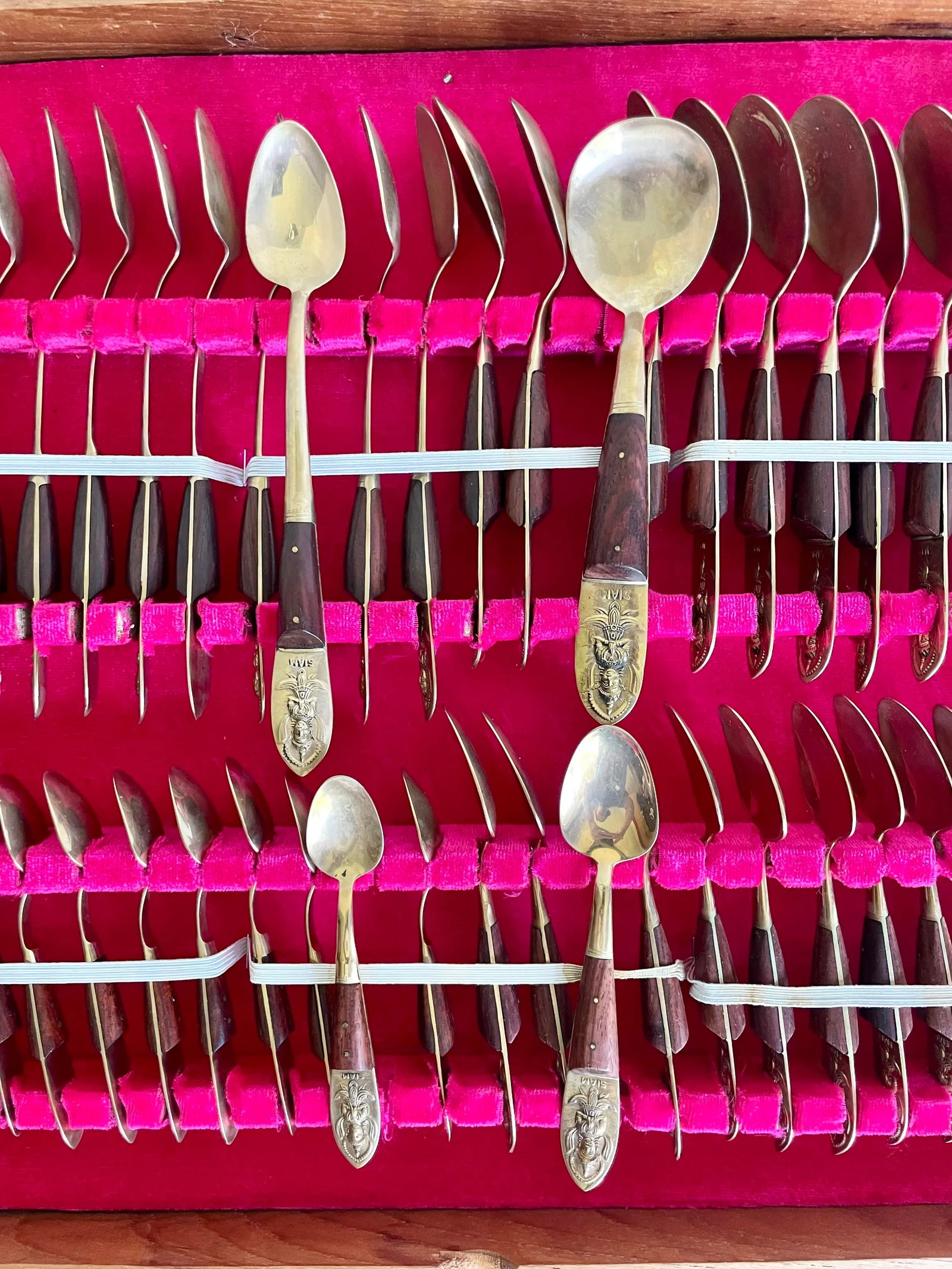 Vintage Siam Thai Brass and Rosewood Complete Flatware Set for 12 - 7