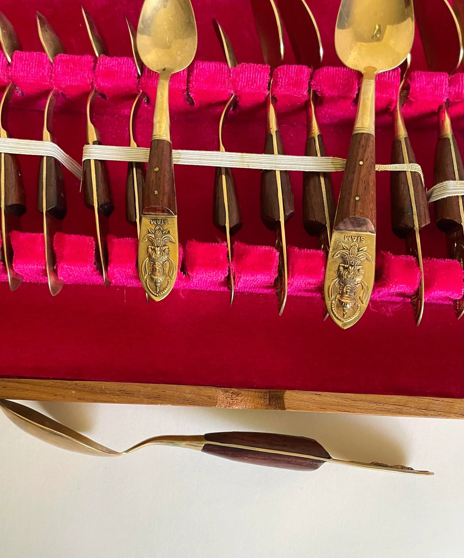 Vintage Siam Thai Brass and Rosewood Complete Flatware Set for 12 - 9