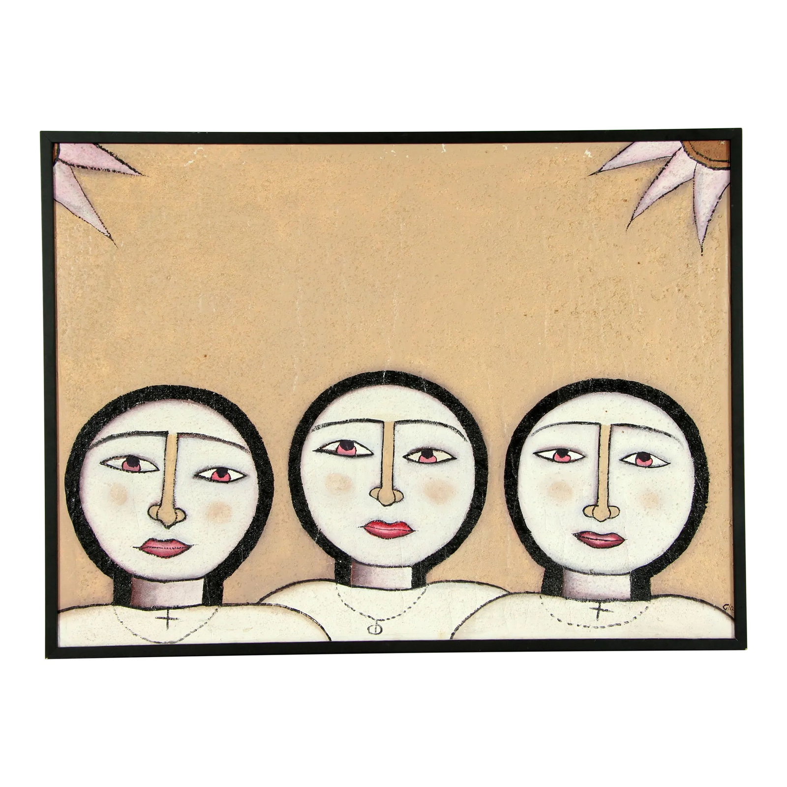 1980's Postmodern Acrylic on Board Painting of Faces: Exceptional vintage c.1980's Postmodern acrylic on board textured painting, depicting three modernist faces in the foreground and sun rays along the top, with lots of empty space with great texture