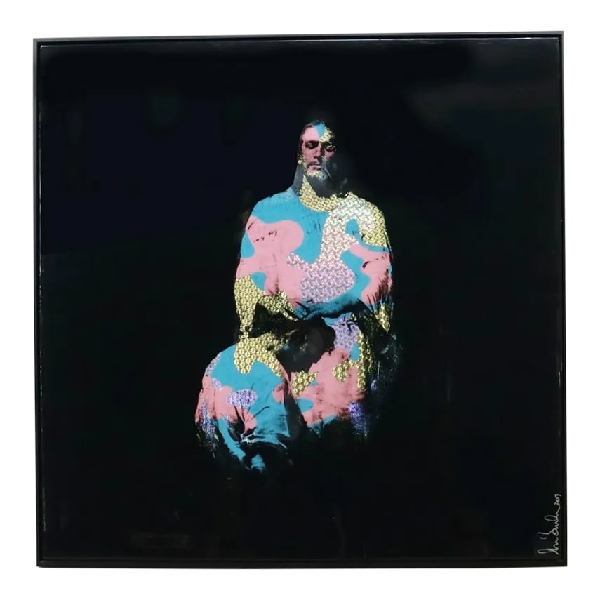 Large Embellished Giclee Lacquered Print by Shane Bowden: Large framed embellished giclee print on lacquered panel by Shane Bowden (Australian, b.1974). Piece is titled "Born Again," and signed and dated 2013 to lower right. Frame is black float frame.