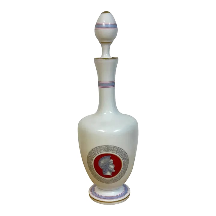 19th C French Opaline Grand Tour Greco-Roman Portrait Decanter: 19th Century French opaline Grand Tour Greco-Roman portrait decanter, complete with orignal stopper, with elongated neck. The bulbous body decorated at each side with medallions with stylized greek