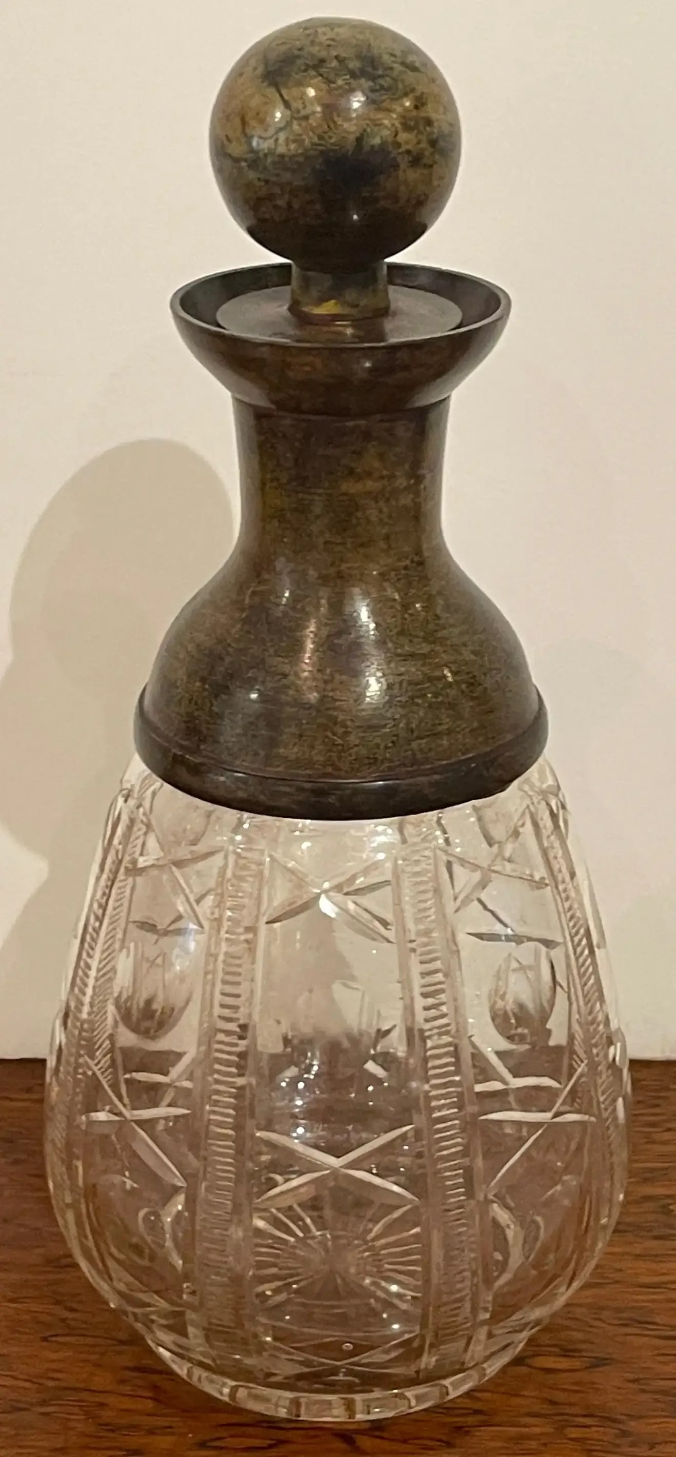 Mid 20th Century French Modern 'X&o' Cut Glass & Patinated Bronze Decanter, Smaller - 11