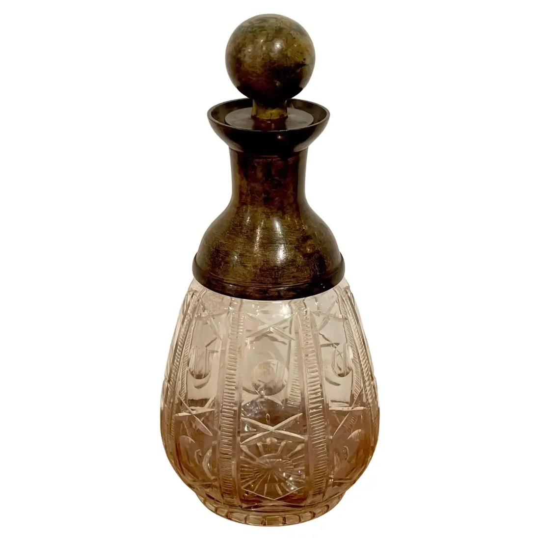 Mid 20th Century French Modern 'X&o' Cut Glass & Patinated Bronze Decanter, Smaller - 12
