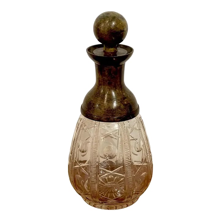 Mid 20th Century French Modern 'X&o' Cut Glass & Patinated Bronze Decanter, Smaller: French Modern 'X&O' cut glass & patinated bronze decanter, smaller With a high caliber (heavy) cast bronze orb stopper, resting on a bronze elongated conforming bronze collar the lower part with rows