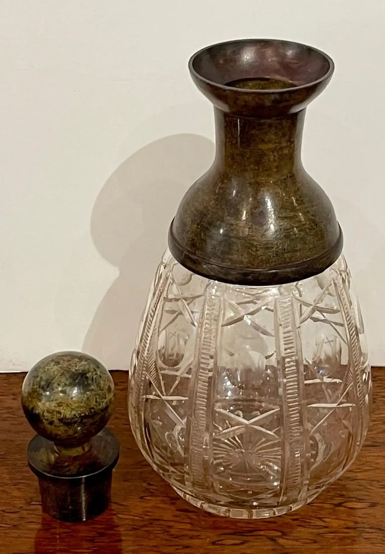 Mid 20th Century French Modern 'X&o' Cut Glass & Patinated Bronze Decanter, Smaller - 4
