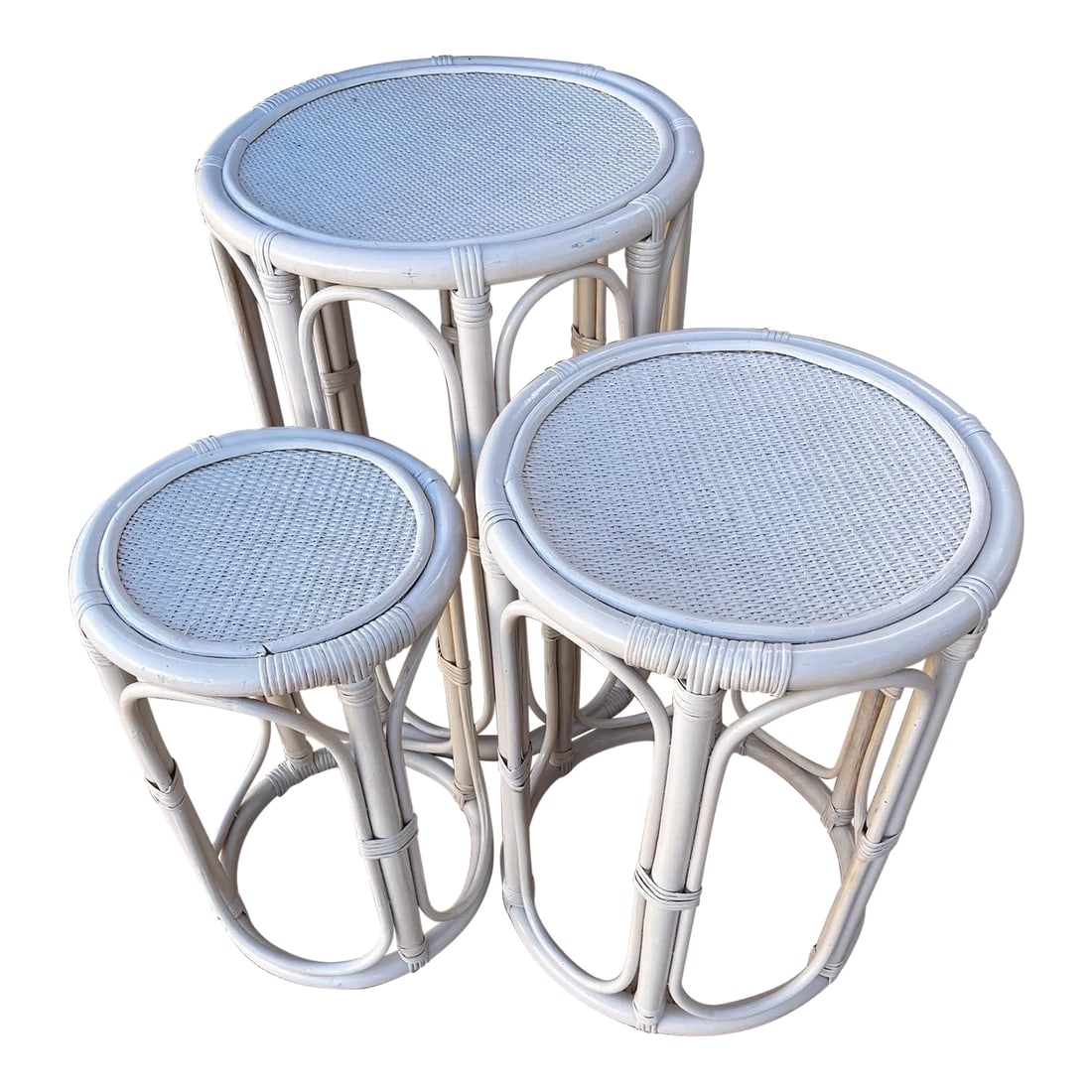 Set of 3 Whitewashed Bamboo Nesting Tables: Vintage set of 3 Whitewashed Bamboo Nesting Tables. Great boho look perfect for indoors or outdoors. Perfect All fit inside ea other for plants as well. 24in h x 18in round 21in h x 14.5in round 18in
