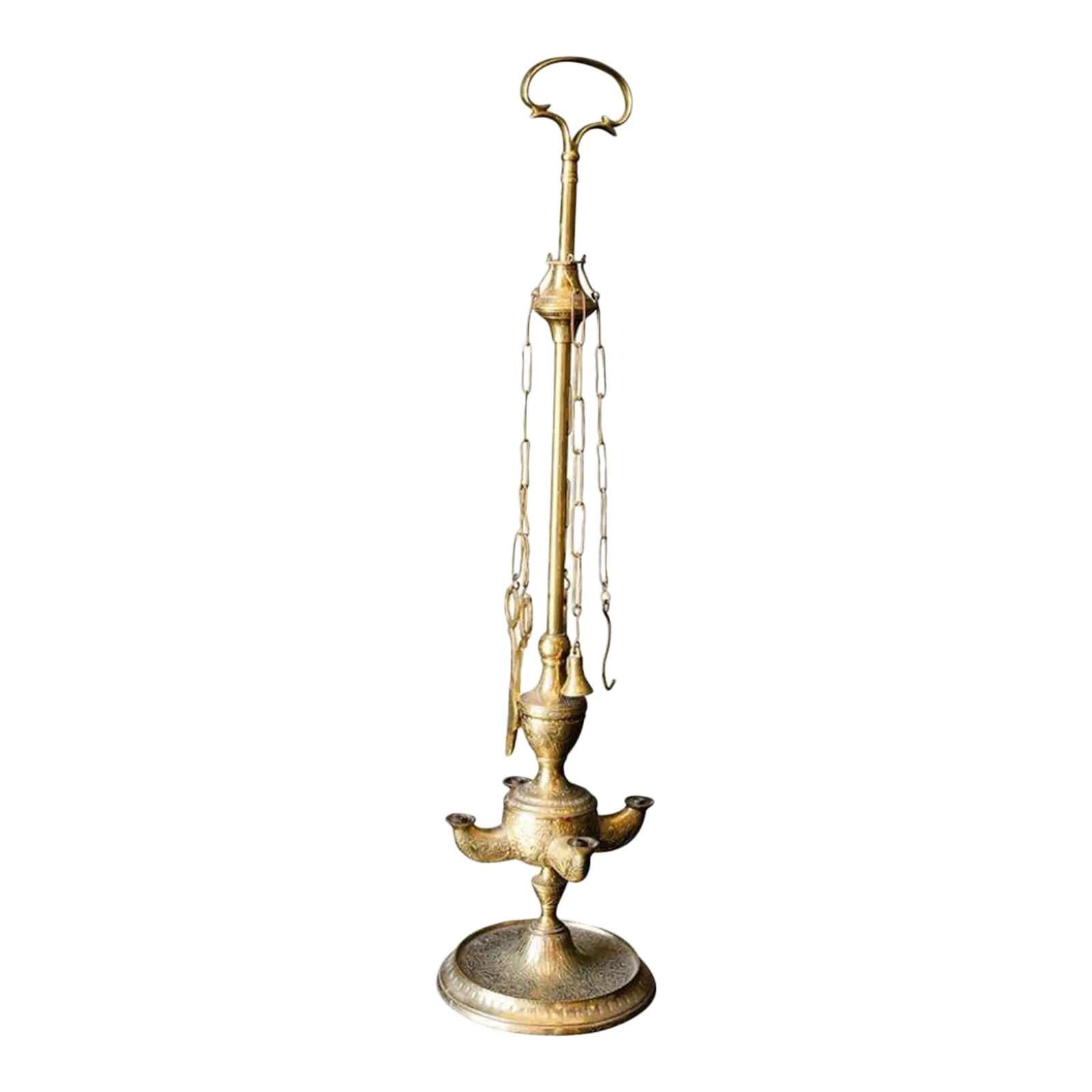 Anglo Indian Victorian Brass Oil Lamp 19th Century: Mid 19th century Anglo Indian, Victorian bronze oil lamp. Antique English oil lamp with 4 wick burners. Fantastic patina and great scale. The brass circular base is carved with intricate floral design