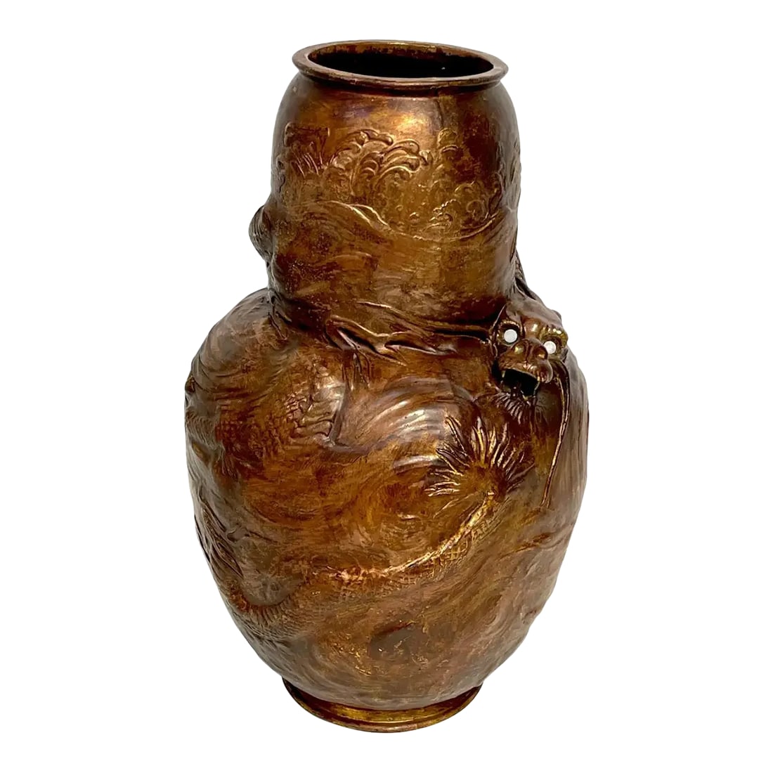 Late 19th Century Japonisme Dragon Motif Copper Clad Vase by Bretby Pottery: A Japonisme Dragon Motif Copper Clad Vase by Bretby Pottery England, Circa 1890s A large and unusual work by the famed British pottery works, Bretby. The tapering gourd shape vase wrapped with a float