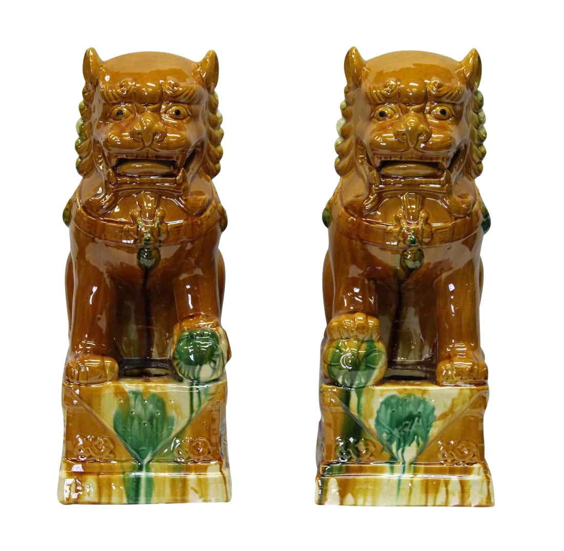 Chinese Brown Glazed Ceramic Foo Dogs - A Pair (1 of 8)