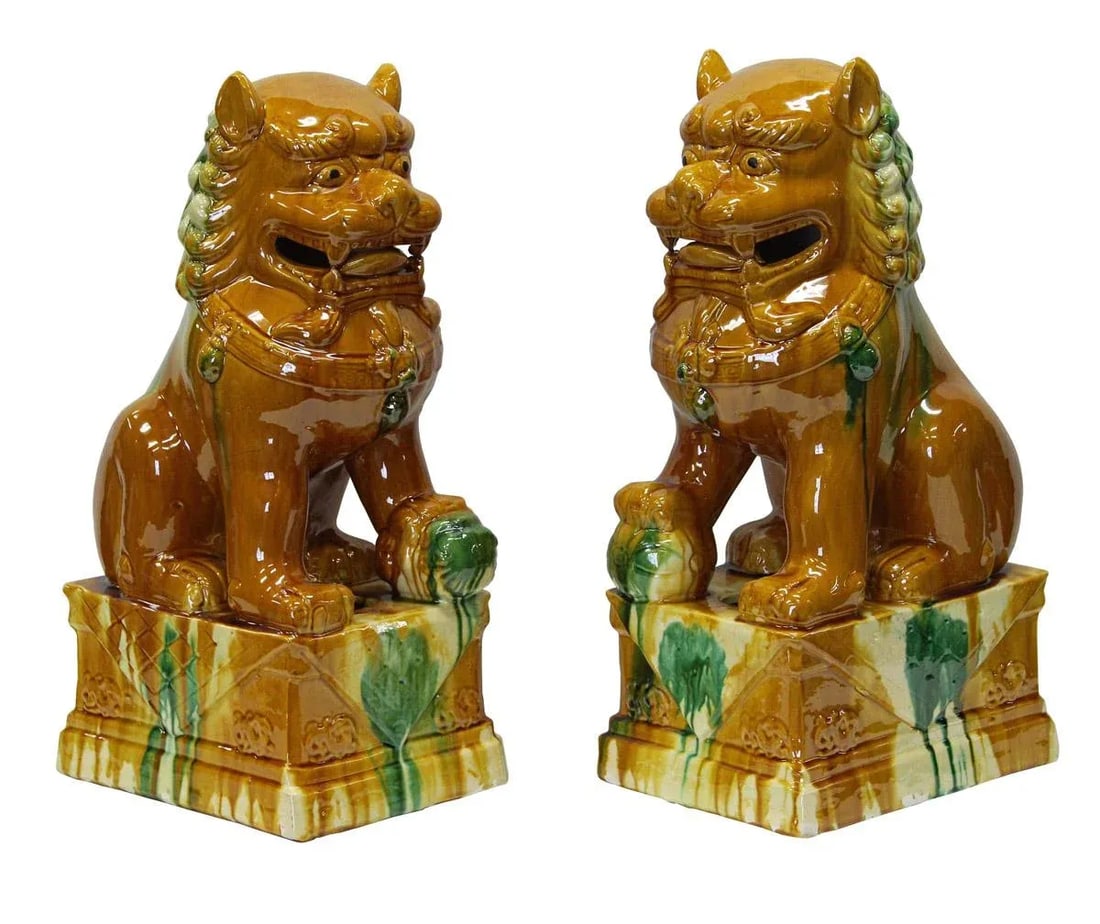 Chinese Brown Glazed Ceramic Foo Dogs - A Pair - 2