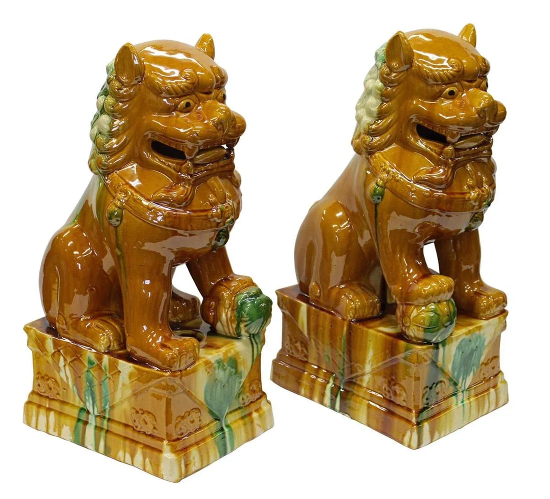 Chinese Brown Glazed Ceramic Foo Dogs - A Pair - 6