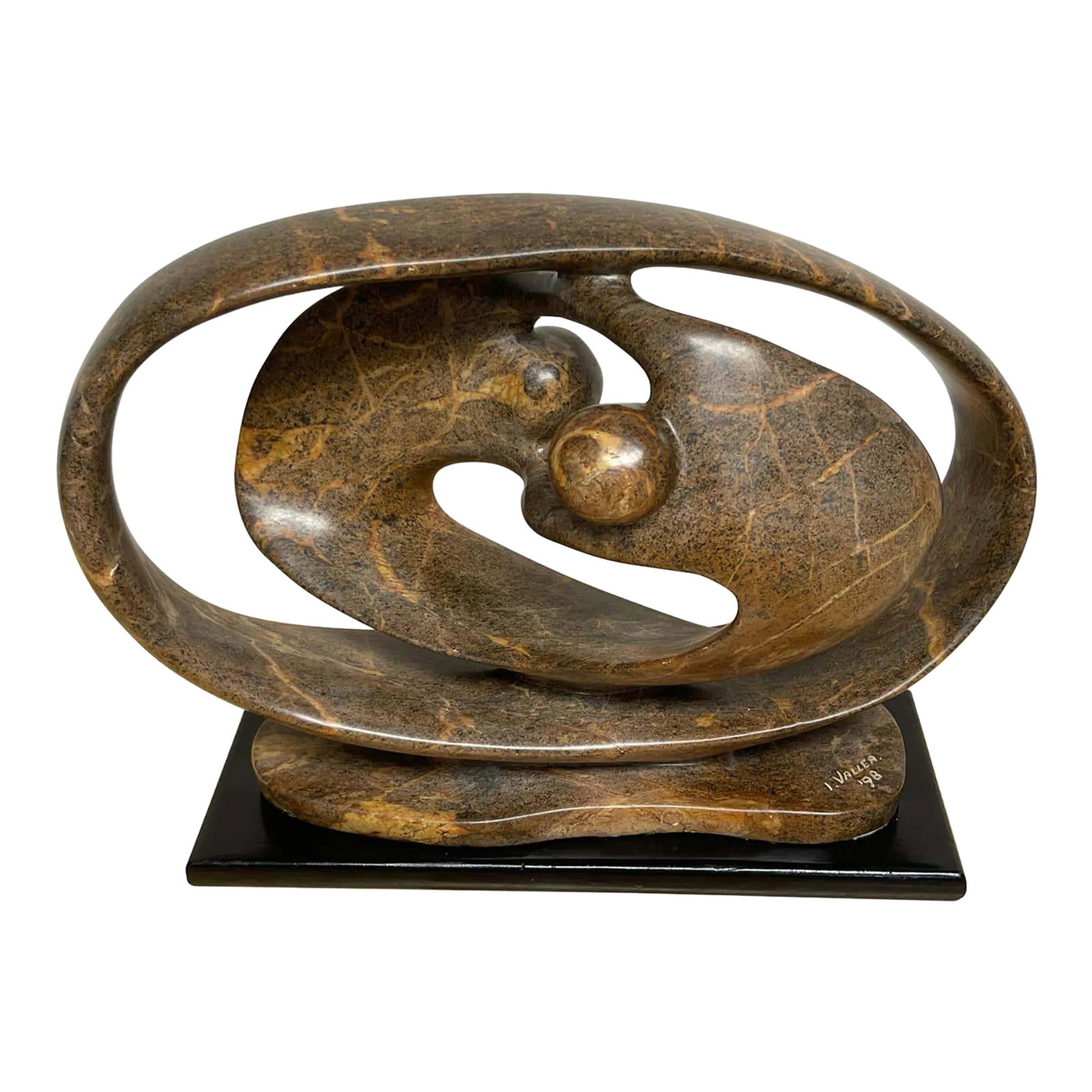 Late 20th Century Modern Carved Marble Abstract-Biomorphic Sculpture Signed, I, Vallea '98: Modern Carved Marble Abstract-Biomorphic Sculpture Signed, I. Vallea '98 USA, signed & dated I. Vallea '98 A good size well executed work, in earth tone marble, of horizontal oval form a pierced