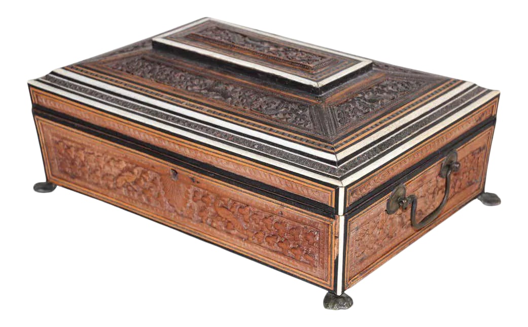 Anglo-Indian large Footed Box with Lidded Compartments, 19th Century: 19th century Anglo-Indian large wooden box sewing box fitted with various compartments finely hand carved. Finely hand carved and decorated with bone inlay. The interior with removable hand carved nin