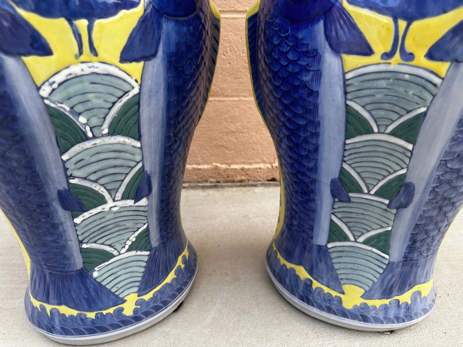 Blue & Yellow Koi Fish Jiaqing Vase-A Pair - 3