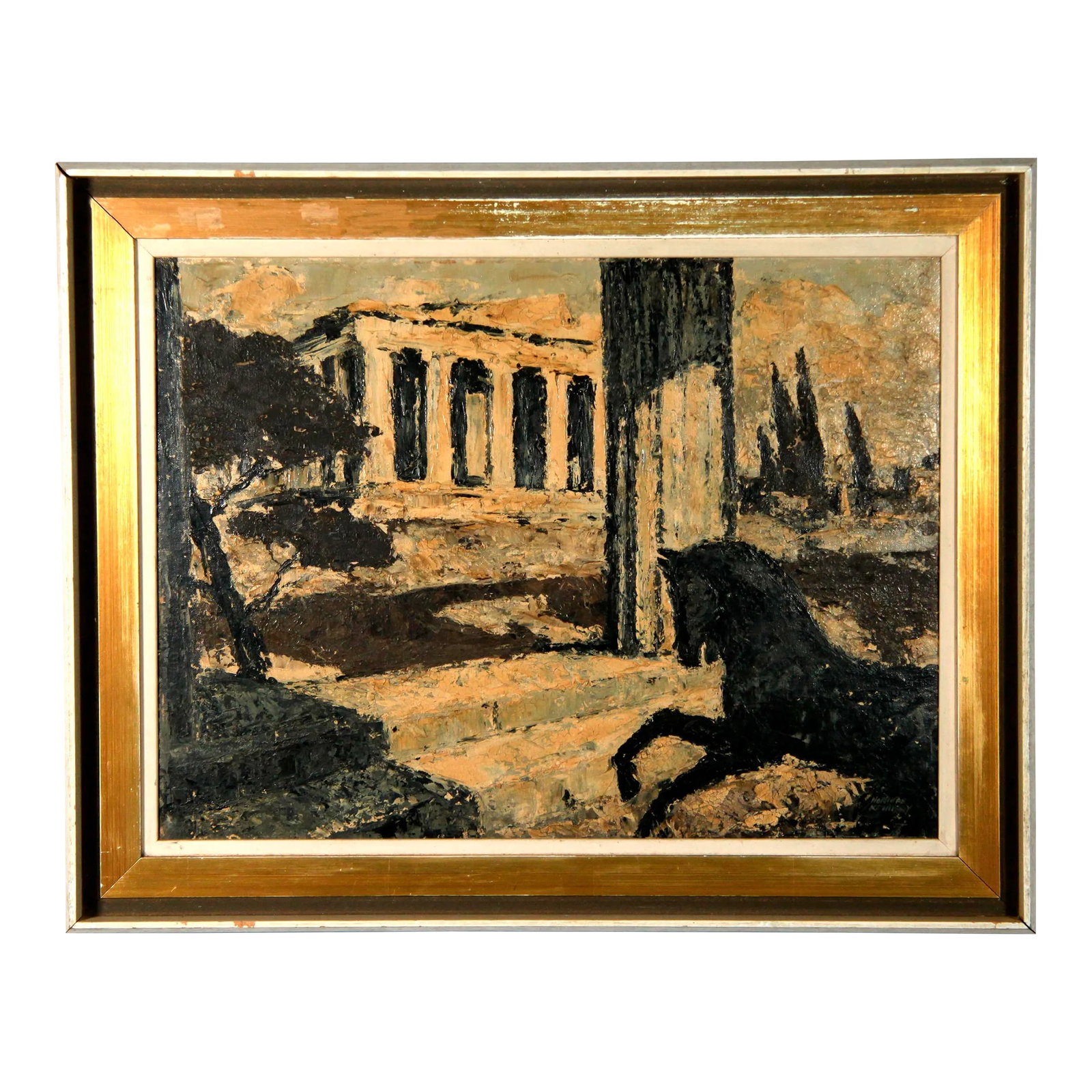 C.1920s Oil on Board Surrealist Painting of Parthenon and a Horse by Norman Kennedy: Fabulous vintage c.1920's oil on board painting by the well listed American artist, Norman Kennedy (b.1895 d.1975.) It depicts the Parthenon in the background with a black horse in the fore, very