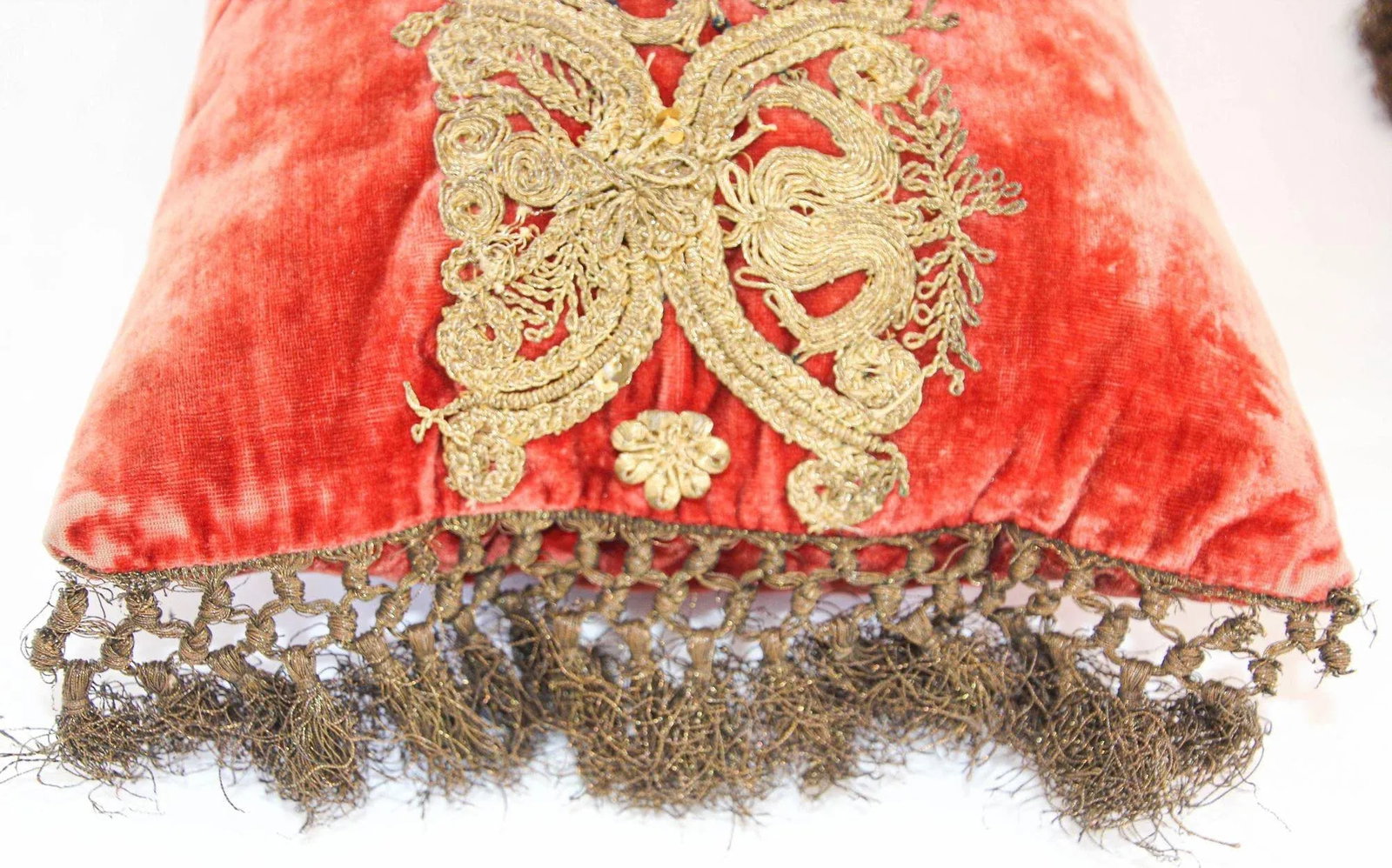 Antique Venetian Moorish Silk Velvet Throw Pillows Embellished With Metallic Treads - 12