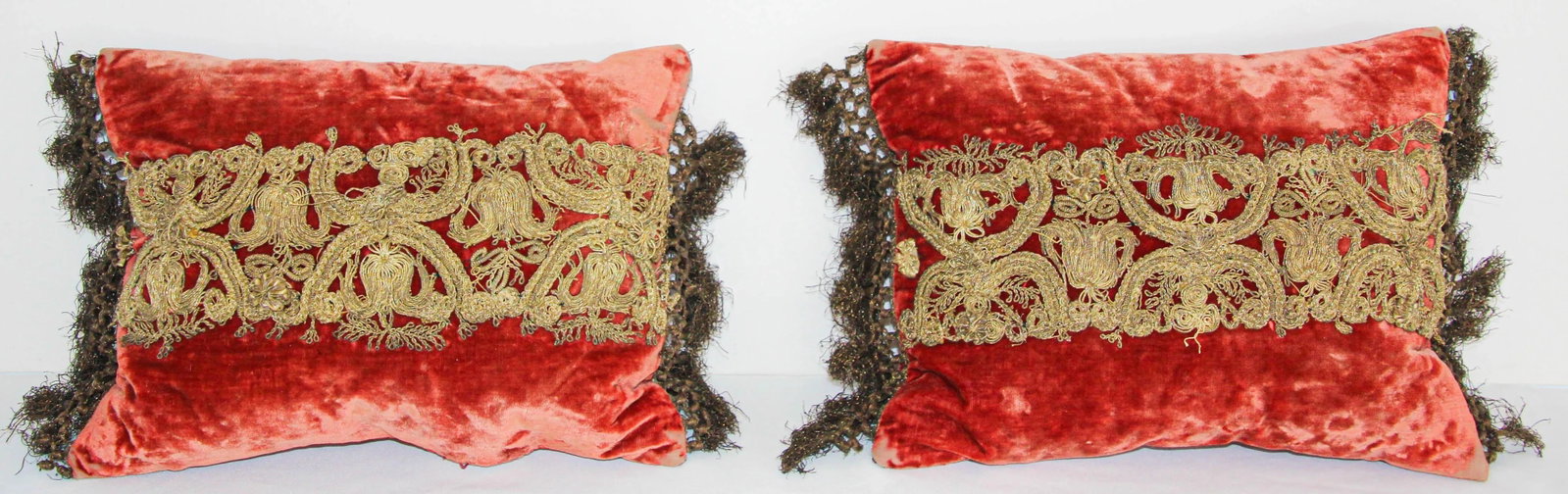 Antique Venetian Moorish Silk Velvet Throw Pillows Embellished With Metallic Treads - 13