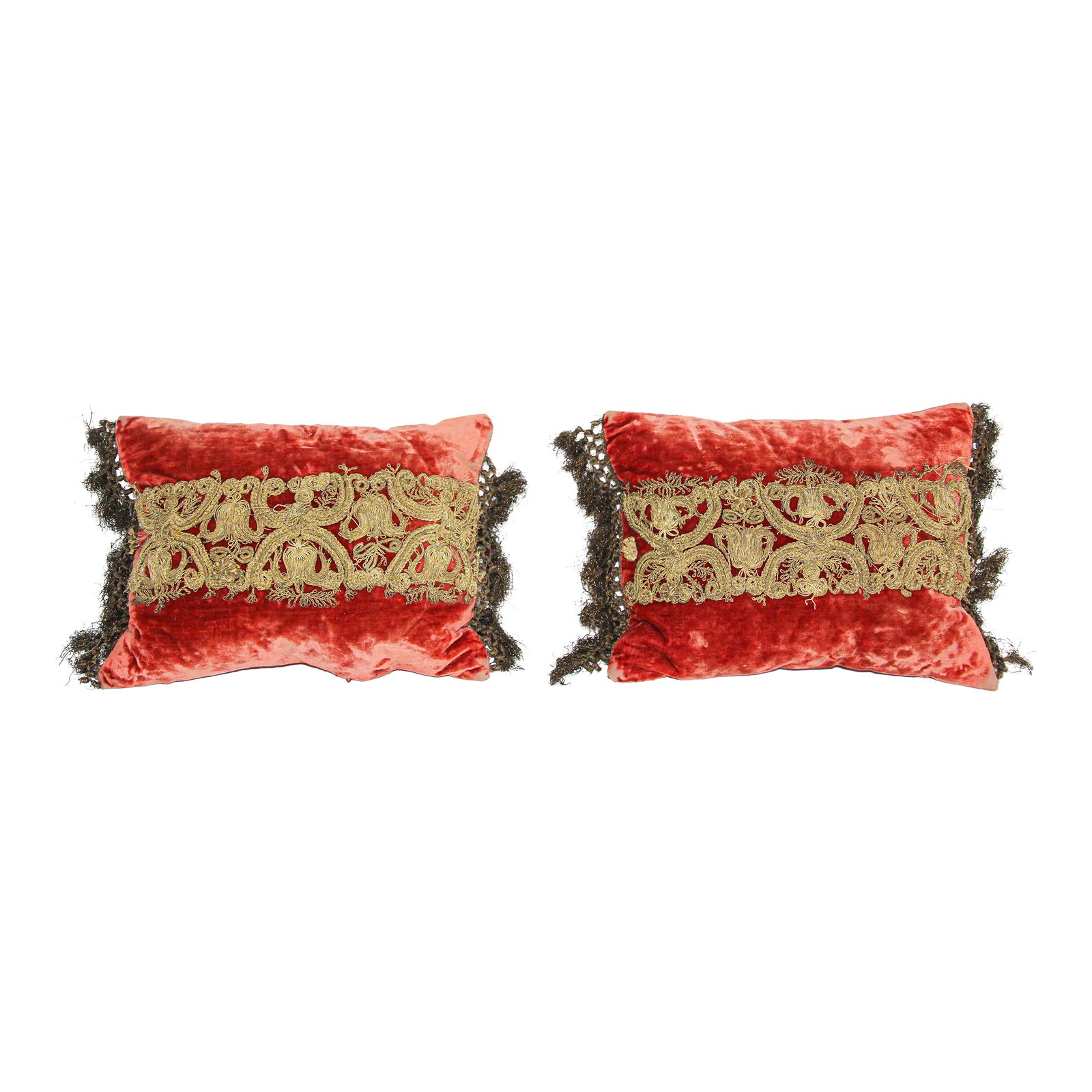 Antique Venetian Moorish Silk Velvet Throw Pillows Embellished With Metallic Treads: Pair of burnt orange Moorish silk velvet pillow hand with gold threads. Handcrafted Antique Venetian luxury throw pillows with raised metallic applique on burnt orange copper silk velvet. Antique burn