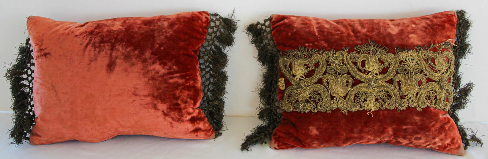 Antique Venetian Moorish Silk Velvet Throw Pillows Embellished With Metallic Treads - 2