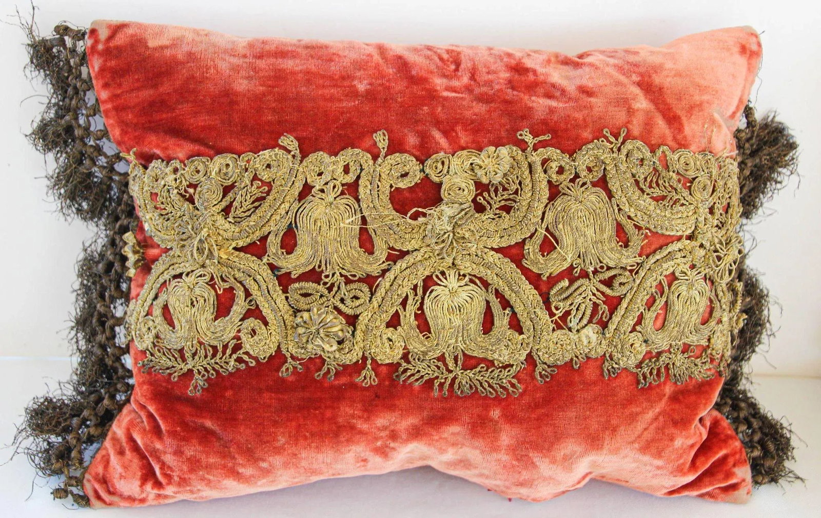 Antique Venetian Moorish Silk Velvet Throw Pillows Embellished With Metallic Treads - 3