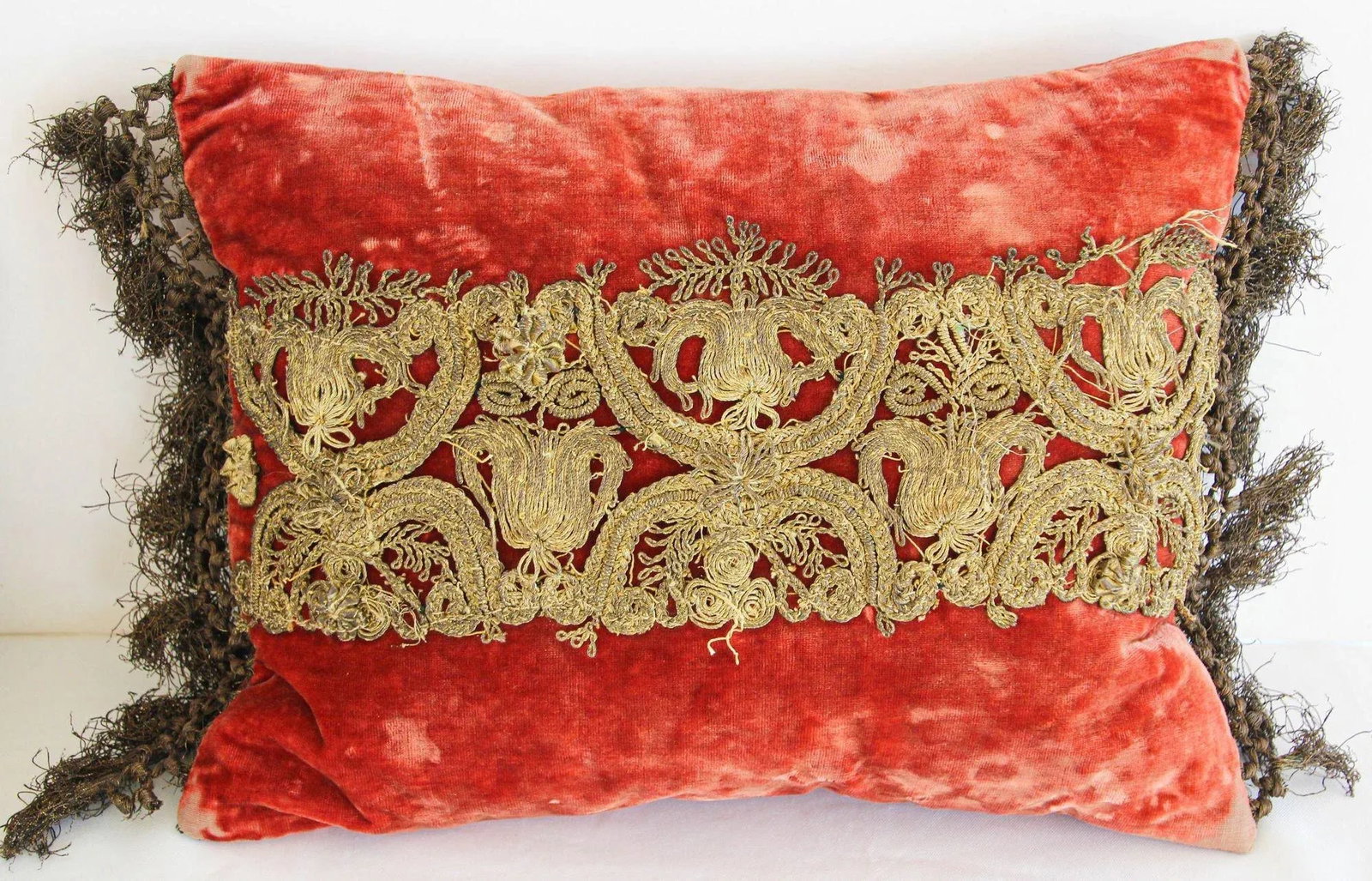 Antique Venetian Moorish Silk Velvet Throw Pillows Embellished With Metallic Treads - 4