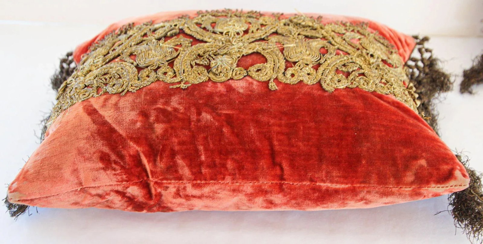 Antique Venetian Moorish Silk Velvet Throw Pillows Embellished With Metallic Treads - 6