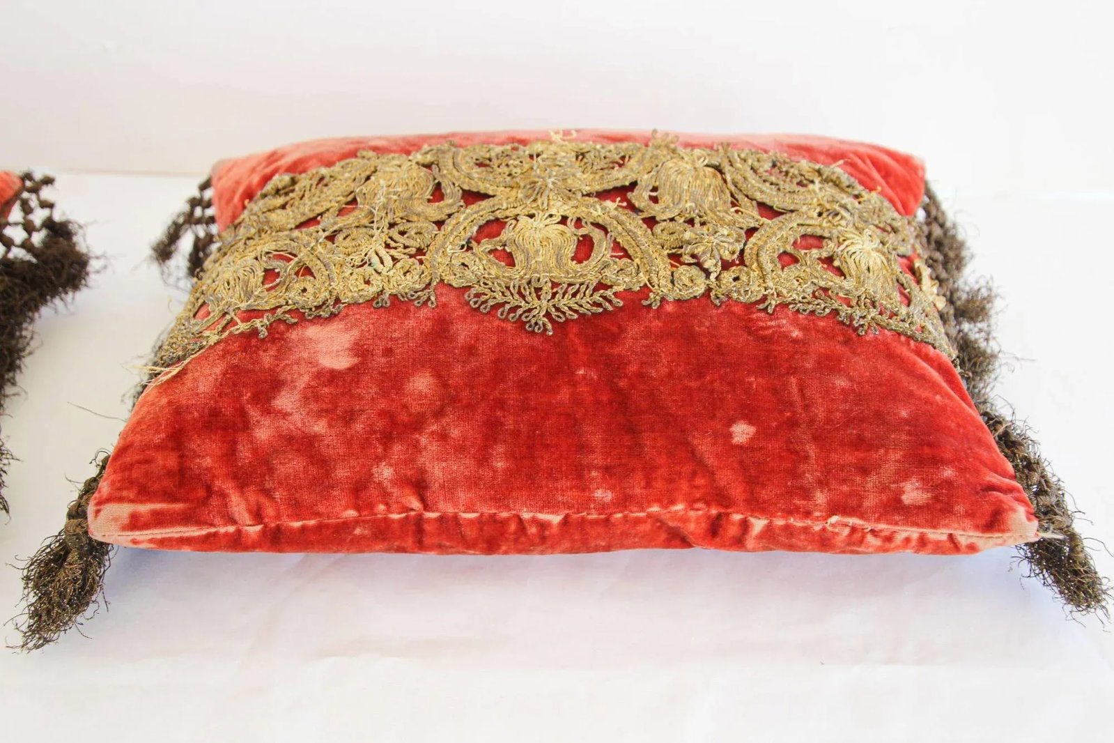 Antique Venetian Moorish Silk Velvet Throw Pillows Embellished With Metallic Treads - 8