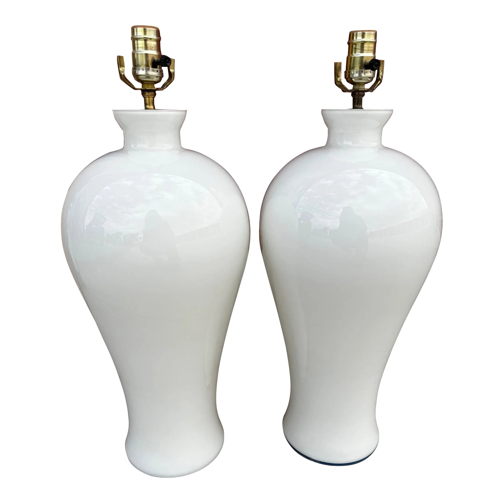 Pair of Urn Style White Glass Table Lamps: Beautiful White Pair of Urn Style Glass Table Lamps, Bulbous Vase form that tapers at the bottom. Perfect for the Modern Home and with Black lamp shades. Could probably be rewired to have the cord