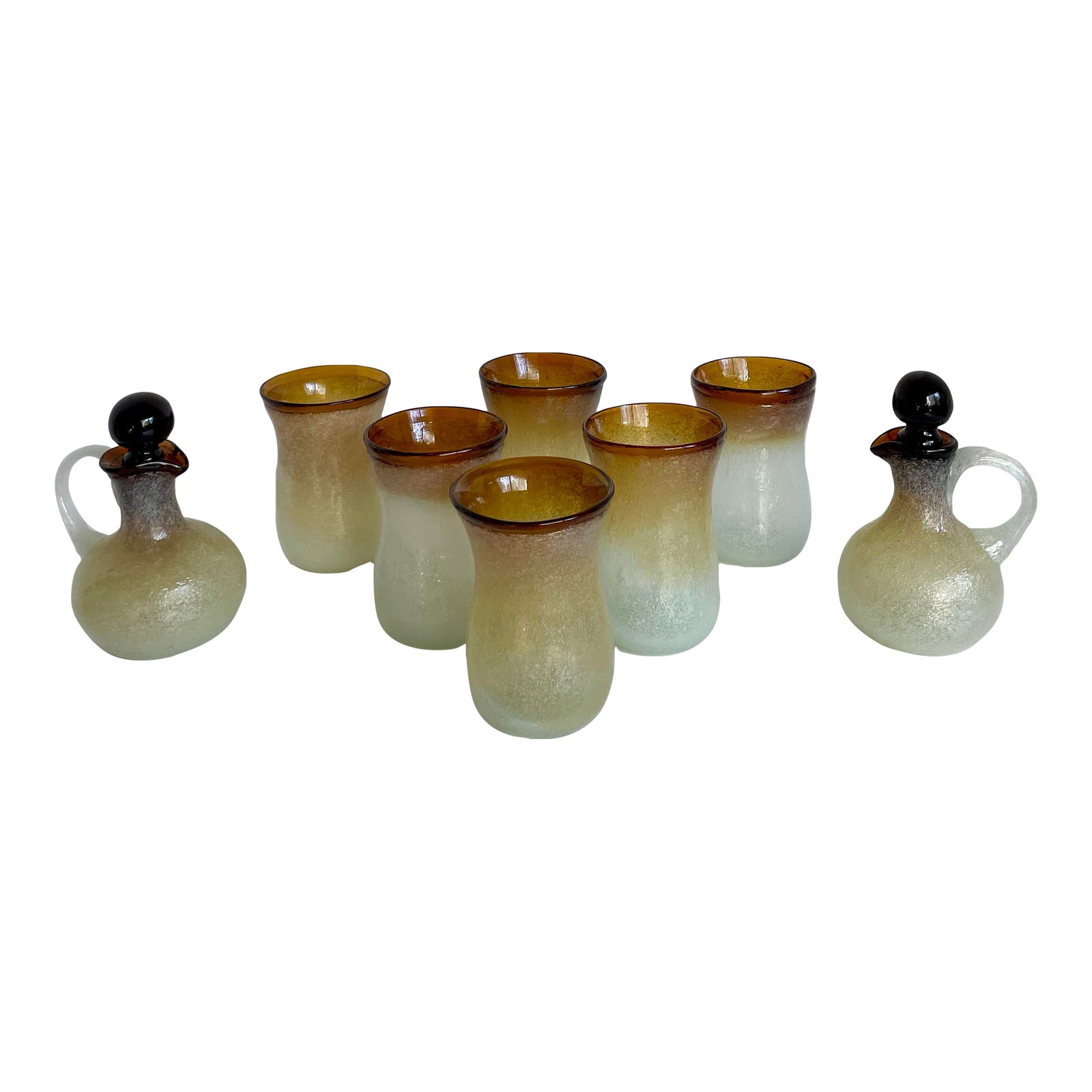 1970s Murano-Style Hand-Blown Frosted Art Glass Barware Set - 8 Pieces: This striking vintage hand-blown art glass barware set includes six sculptural drinking glasses along with two matching handled decanters with original spherical stoppers, all finished in beautifully