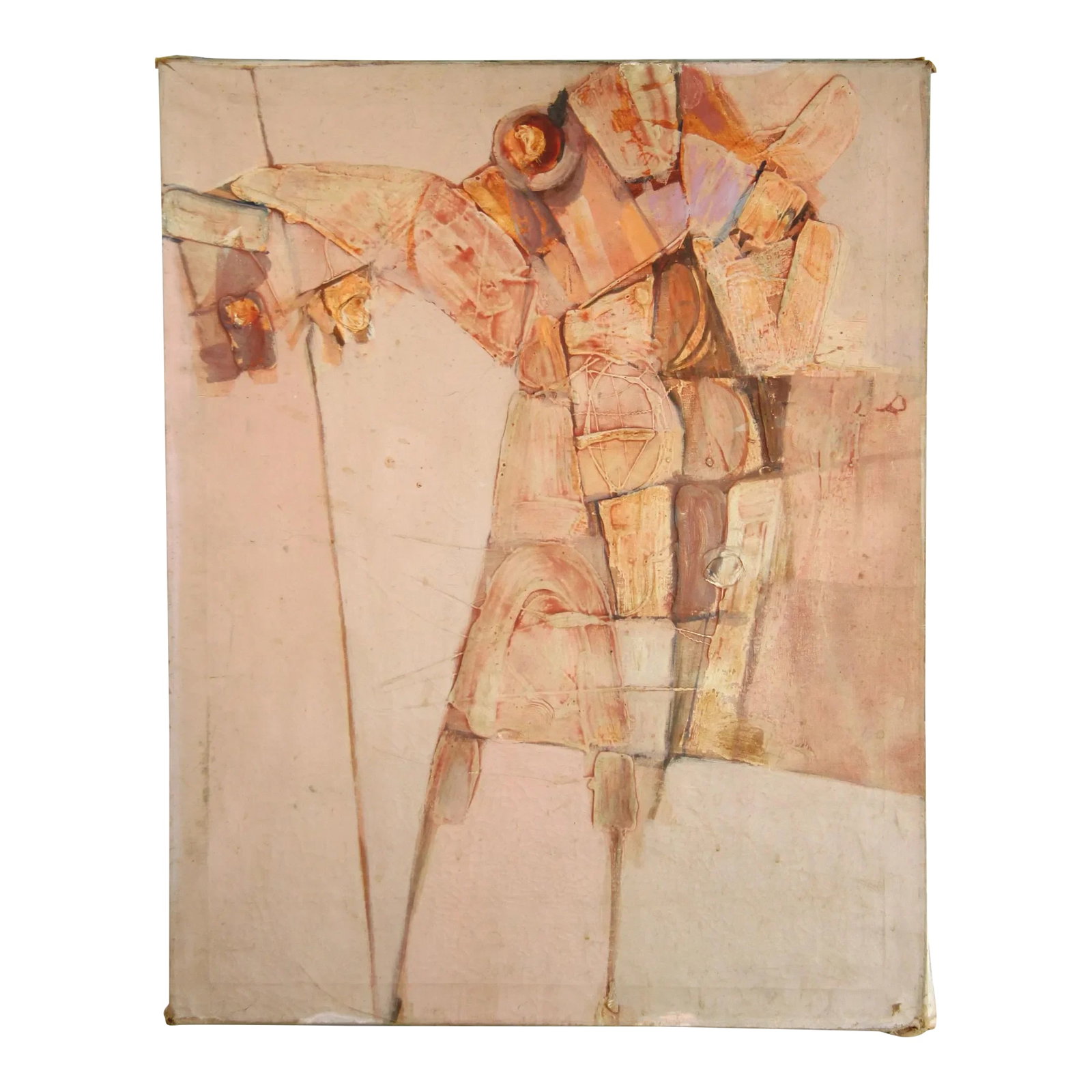 1960's Abstract Expressionist Horse & Rider Acrylic Canvas Painting: This 1960's abstract expressionist acrylic on canvas depicts a horse and rider with a dreamy, peach pink color palette. The bold brushstrokes and loose, gestural lines evoke the energy and movement