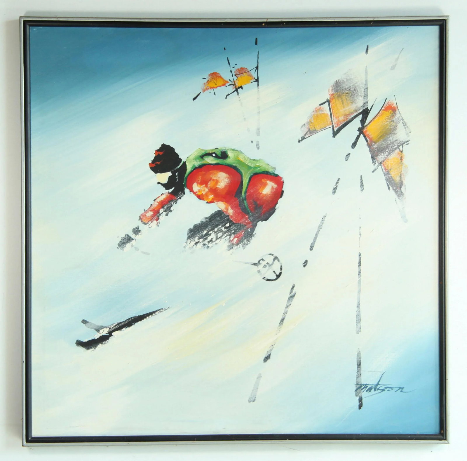 Large Scale Vintage 1970's Ski School Acrylic on Canvas Painting - 11