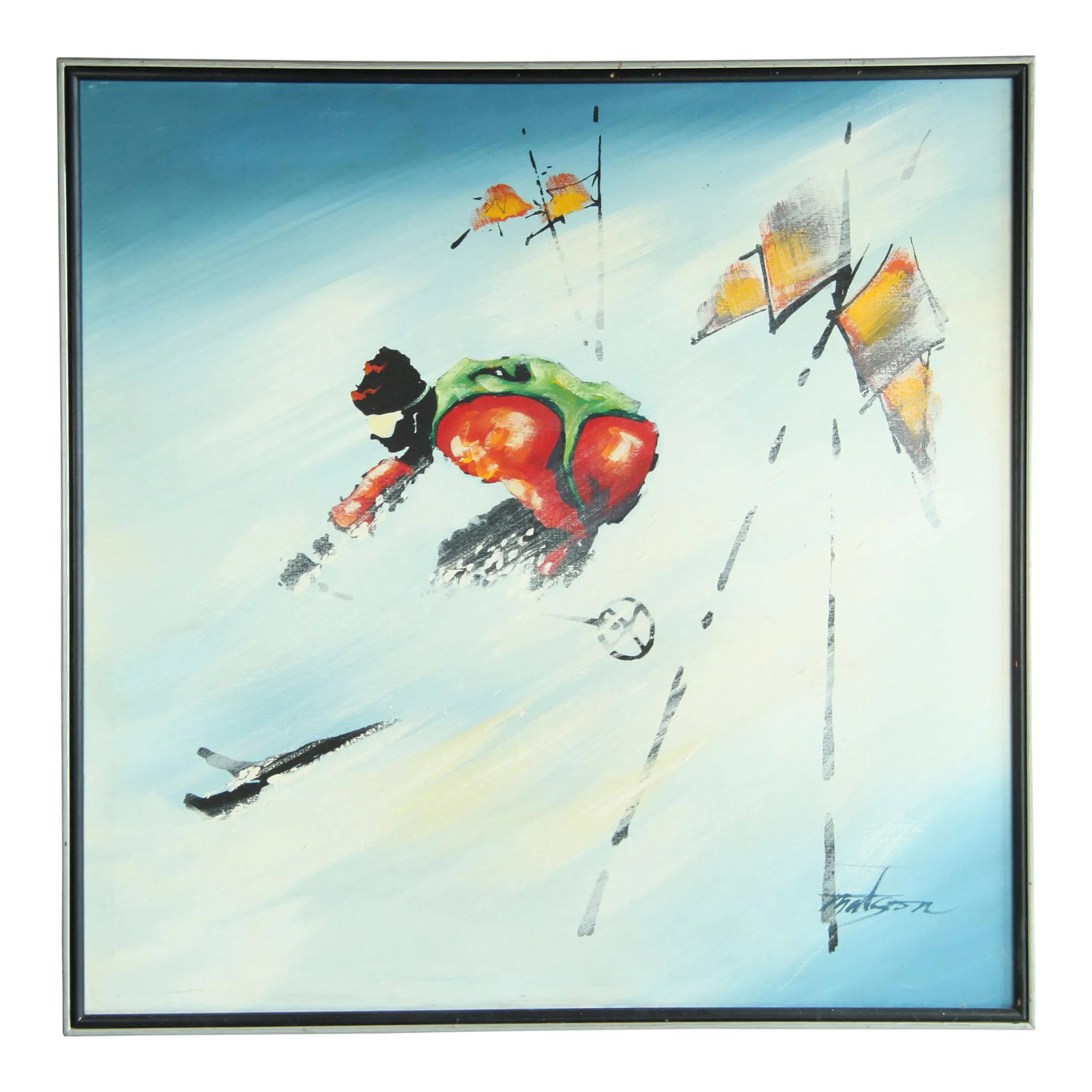 Large Scale Vintage 1970's Ski School Acrylic on Canvas Painting: This 1970's ski school acrylic on canvas painting measures 37" wide by 37" tall and is a colorful and vibrant representation of the ski culture during that era. The painting captures the excitement