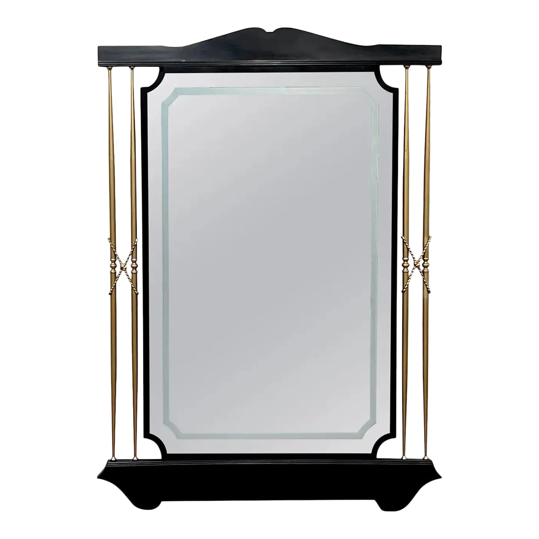 1950s Italian Modern Floor/ Wall Mirror: 1950s Italian Modern floor/ wall mmirror Design influences of Fontana Arte & Gio Ponti A substantial mirror, with ebonized wood frame holding the clear and engraved/frosted mirror, with inverted