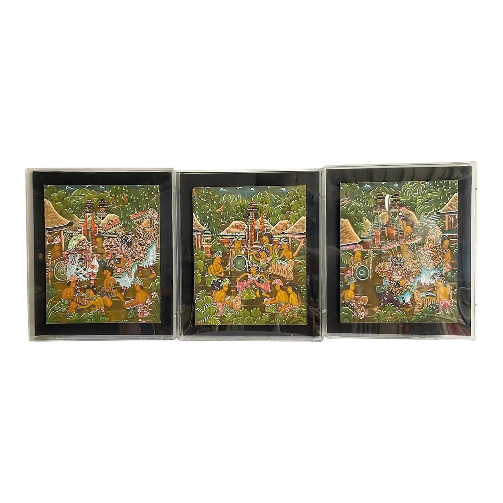 Vintage Balinese Paintings on Paper in Acrylic Frames - Set of 3: This captivating set of three vintage Balinese paintings showcases the rich cultural traditions and vibrant scenes of daily life in Bali. Each artwork is intricately detailed, capturing ceremonies,